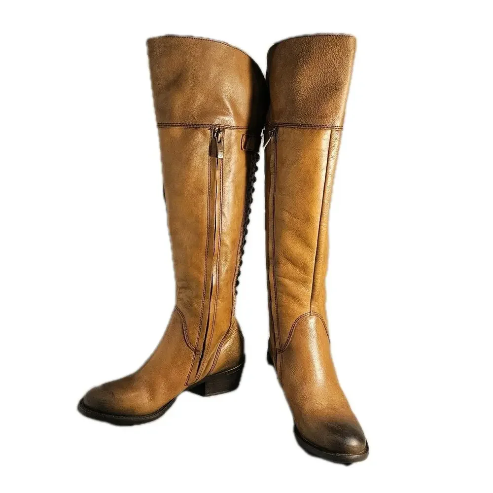 Vince Camuto Women Sz 5.5 M Over-the -knee BOLLO Moto -Boot Studs, Zip, Brown